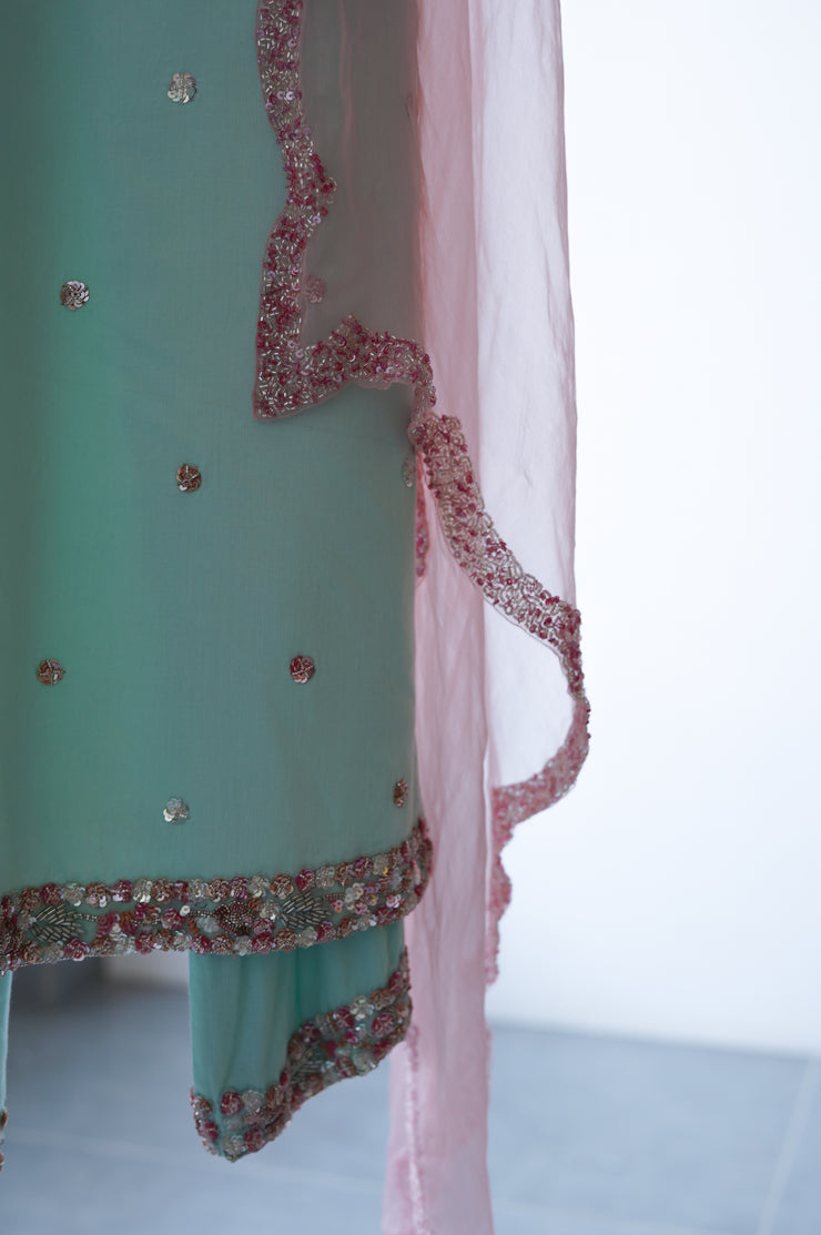 Skyblue Straightsuit Set With Palazzo & Dupatta