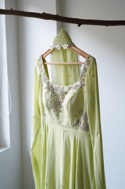 Lime Green Anarkali With Palazzo & Dupatta