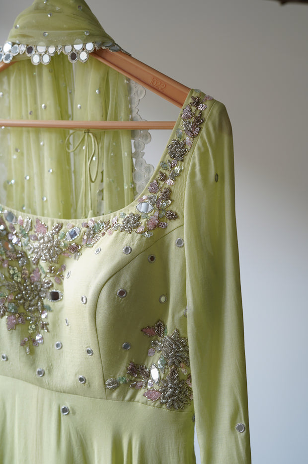 Lime Green Anarkali With Palazzo & Dupatta