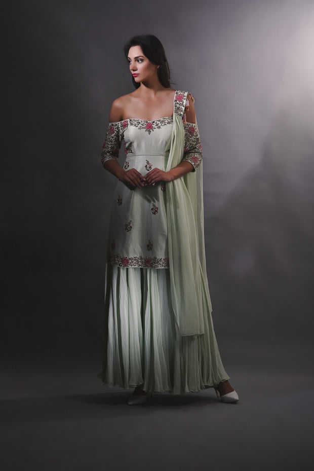 Pear Green Embroidered Kurta and Sharara Pants Set