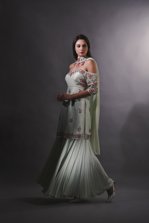 Pear Green Embroidered Kurta and Sharara Pants Set