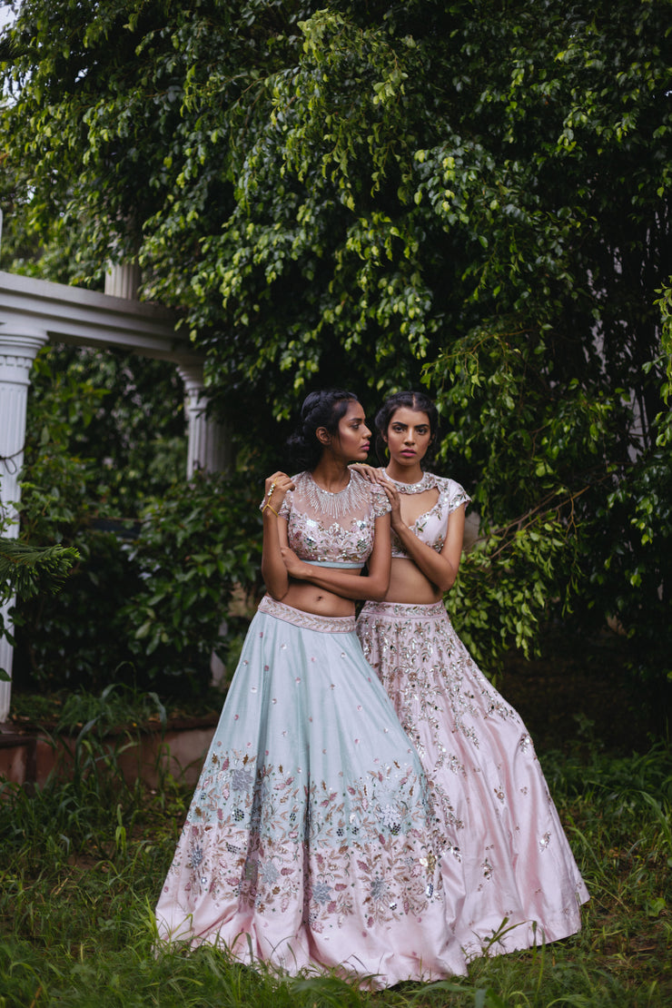Pink and Aqua Green Mirror Embroidered Lehenga Set