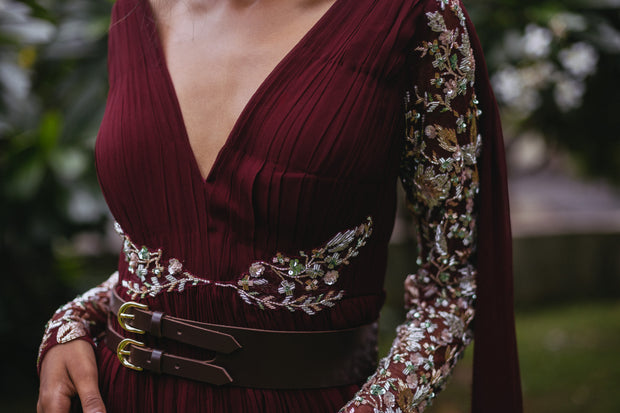 Deep Wine Embroidered Long Drape Anarkali