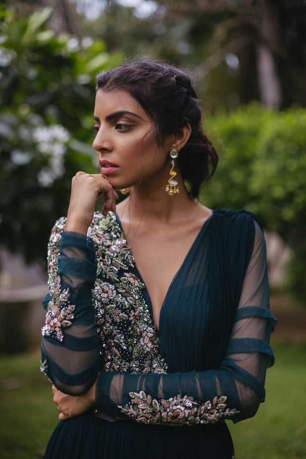Dark Green Embroidered Anarkali with Attached Dupatta and Belt