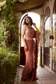 Dusty Pink Ruffle Saree Set With Buckle Belt