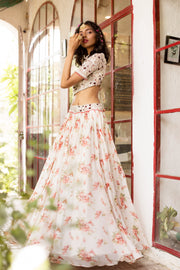 Ivory Printed Top & Skirt Set With Organza Dupatta