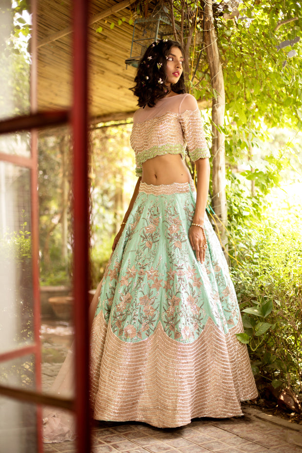Ocean Green & Pink Embellished Lehenga Set