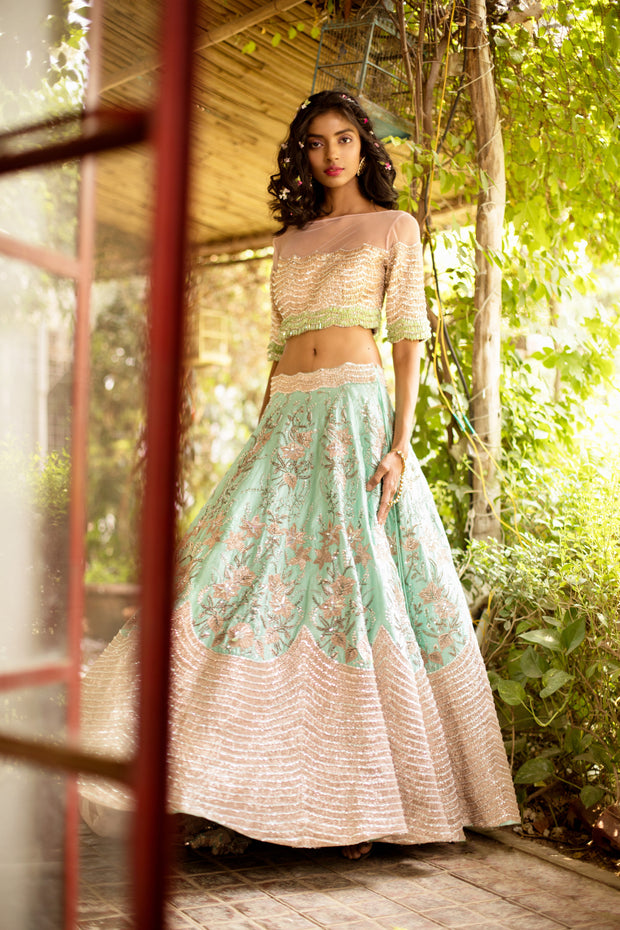 Ocean Green & Pink Embellished Lehenga Set