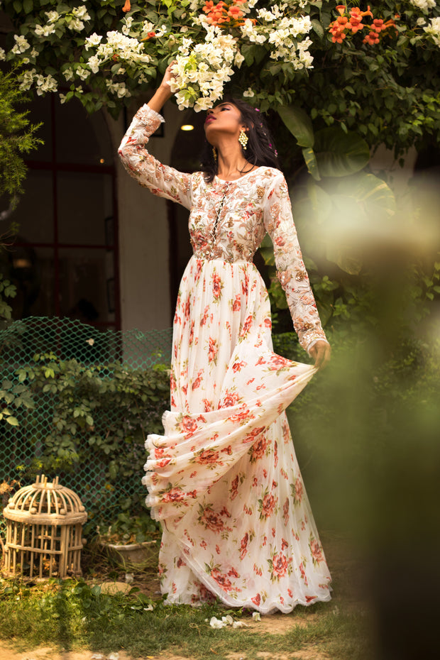 Ivory Floral Printed Embellished Anarkali