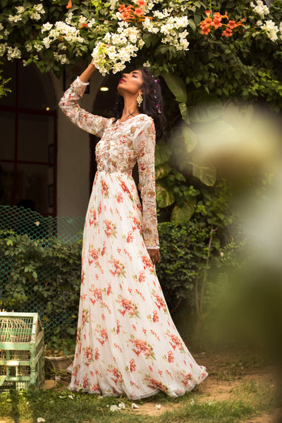 Ivory Floral Printed Embellished Anarkali