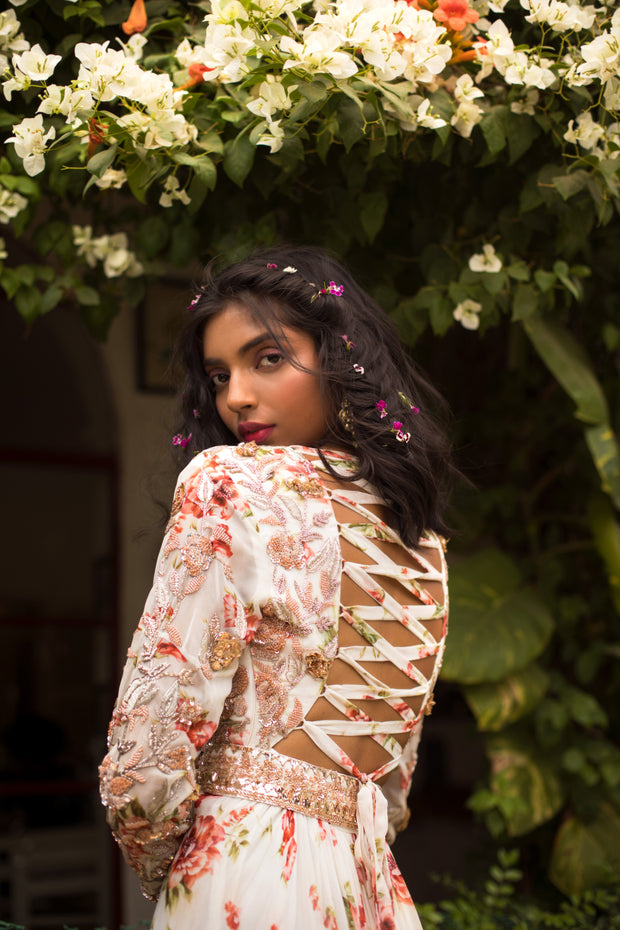Ivory Floral Printed Embellished Anarkali