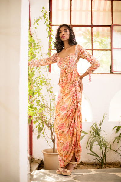 Peplum Top & Drawstring Skirt Set With Ruffle Drape