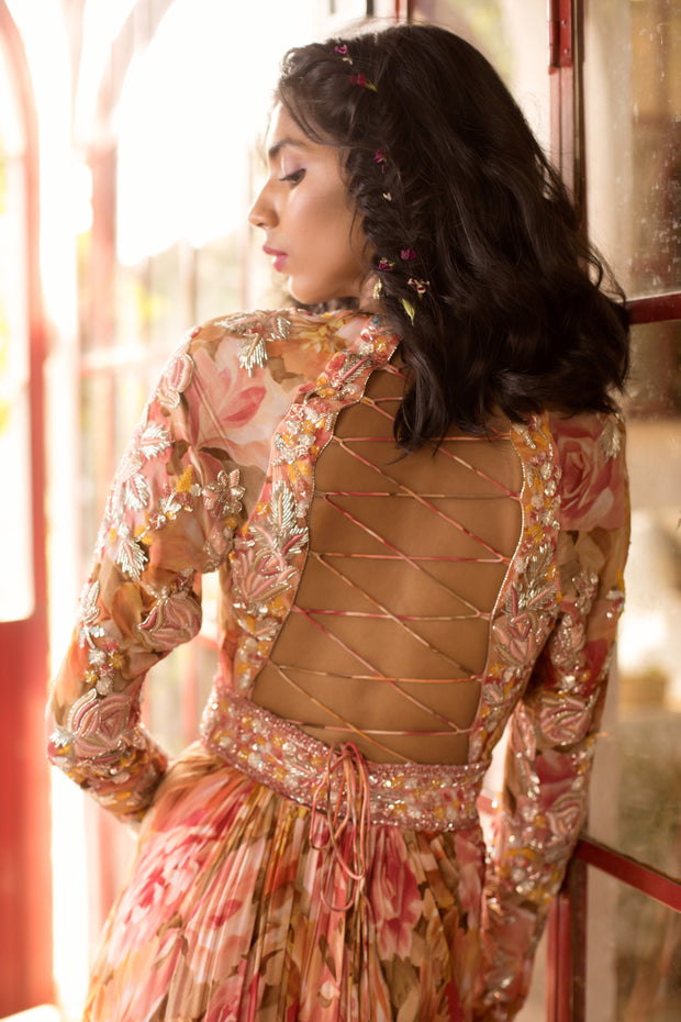 Rose Print Anarkali Set with Buckle Belt & Drape