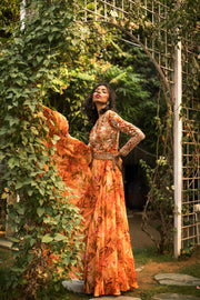 Tangerine Floral Printed Anarkali