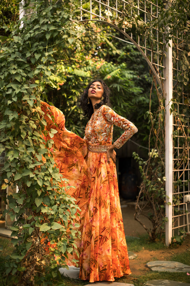 Tangerine Floral Printed Anarkali