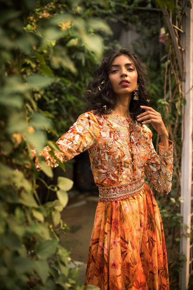 Tangerine Floral Printed Anarkali