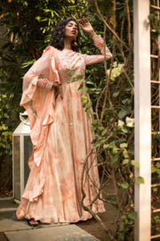 Tea Pink Anarkali Set with Ruffle Dupatta