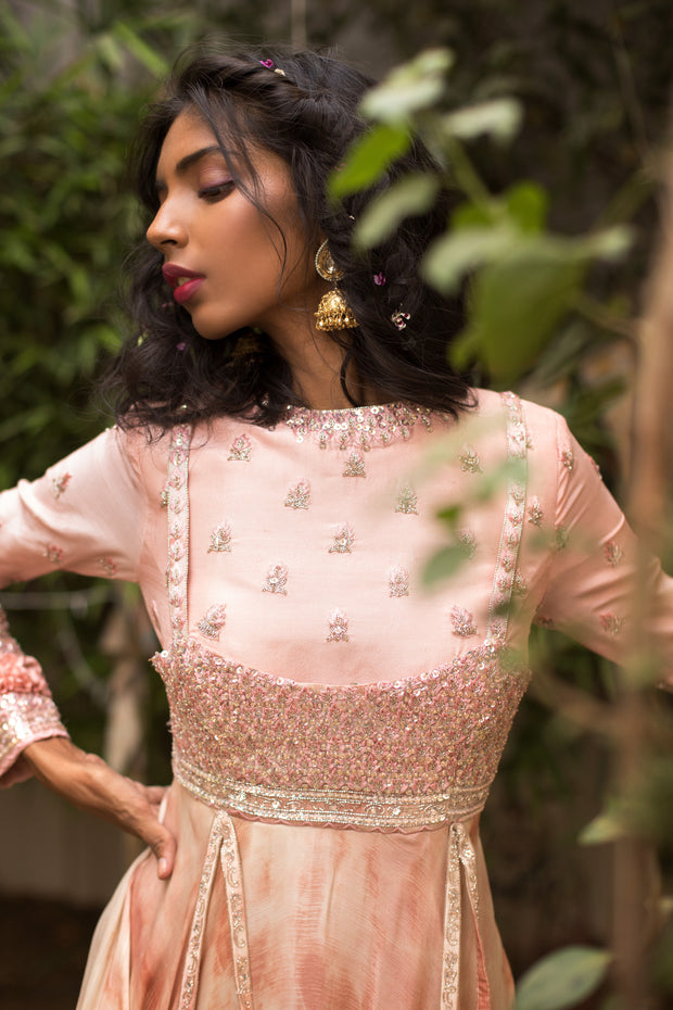 Tea Pink Anarkali Set with Ruffle Dupatta