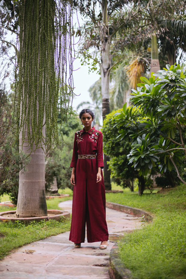 Maroon 3D Sequins Embellished Jumpsuit with Belt