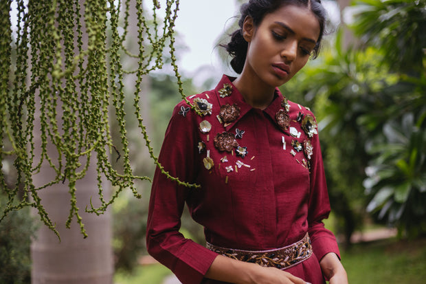Maroon 3D Sequins Embellished Jumpsuit with Belt