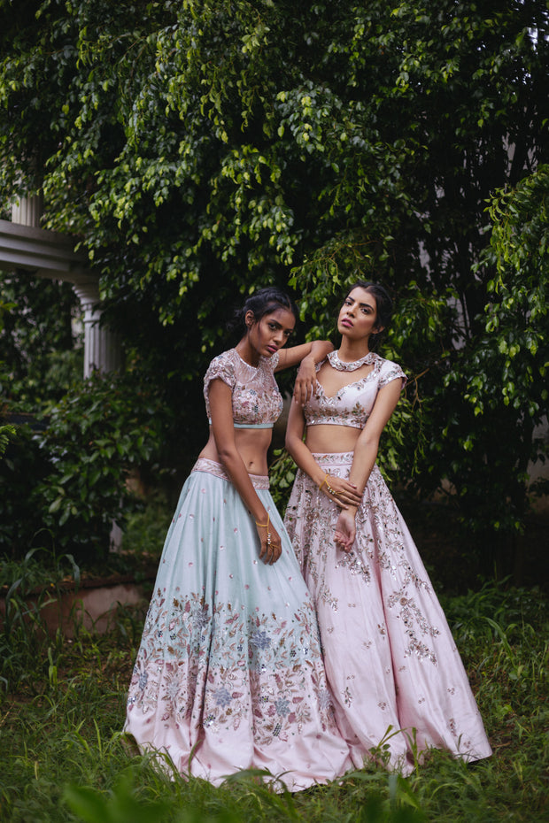 Baby Pink Mirror and Mukaish Work Lehenga Set