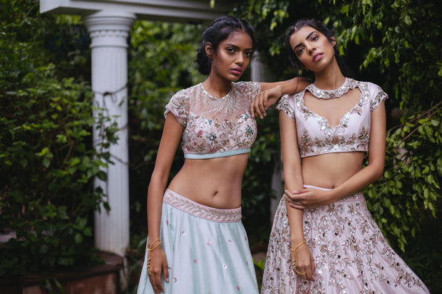 Baby Pink Mirror and Mukaish Work Lehenga Set