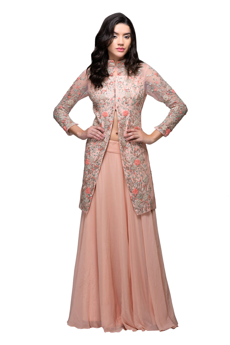 Peach Cutdana Embroidered Jacket with Skirt