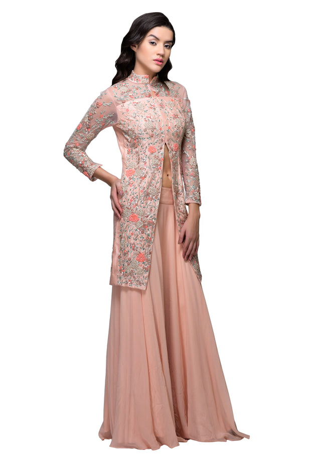 Peach Cutdana Embroidered Jacket with Skirt