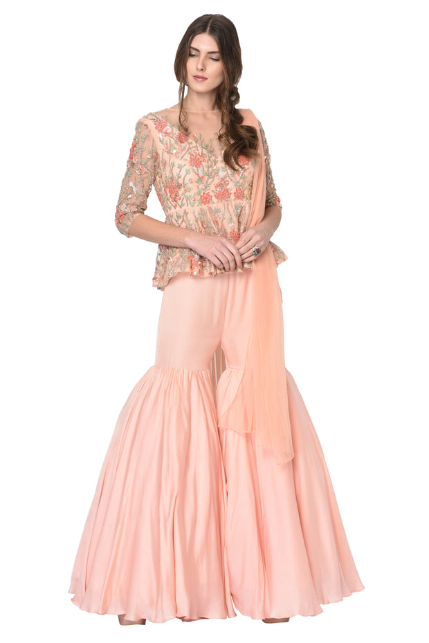 Peach Embroidered blouse & Sharara Set