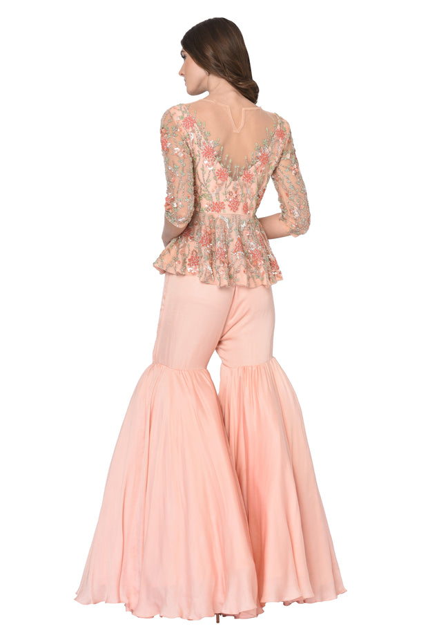 Peach Embroidered blouse & Sharara Set