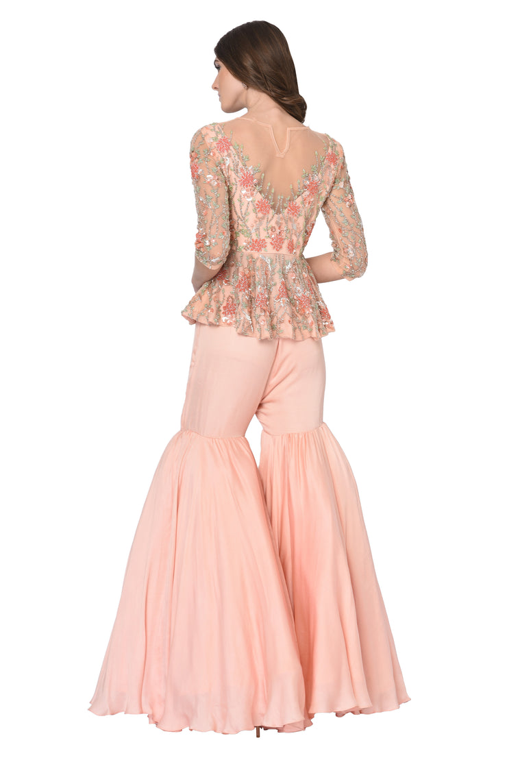 Peach Embroidered blouse & Sharara Set