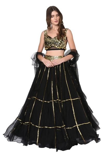 Black Organza Lehenga Set with Ruffle Cape