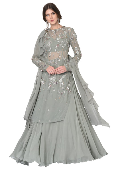 Grey Long Feathers Kurti with Heavy Skirt and Dupatta