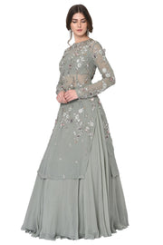 Grey Long Feathers Kurti with Heavy Skirt and Dupatta