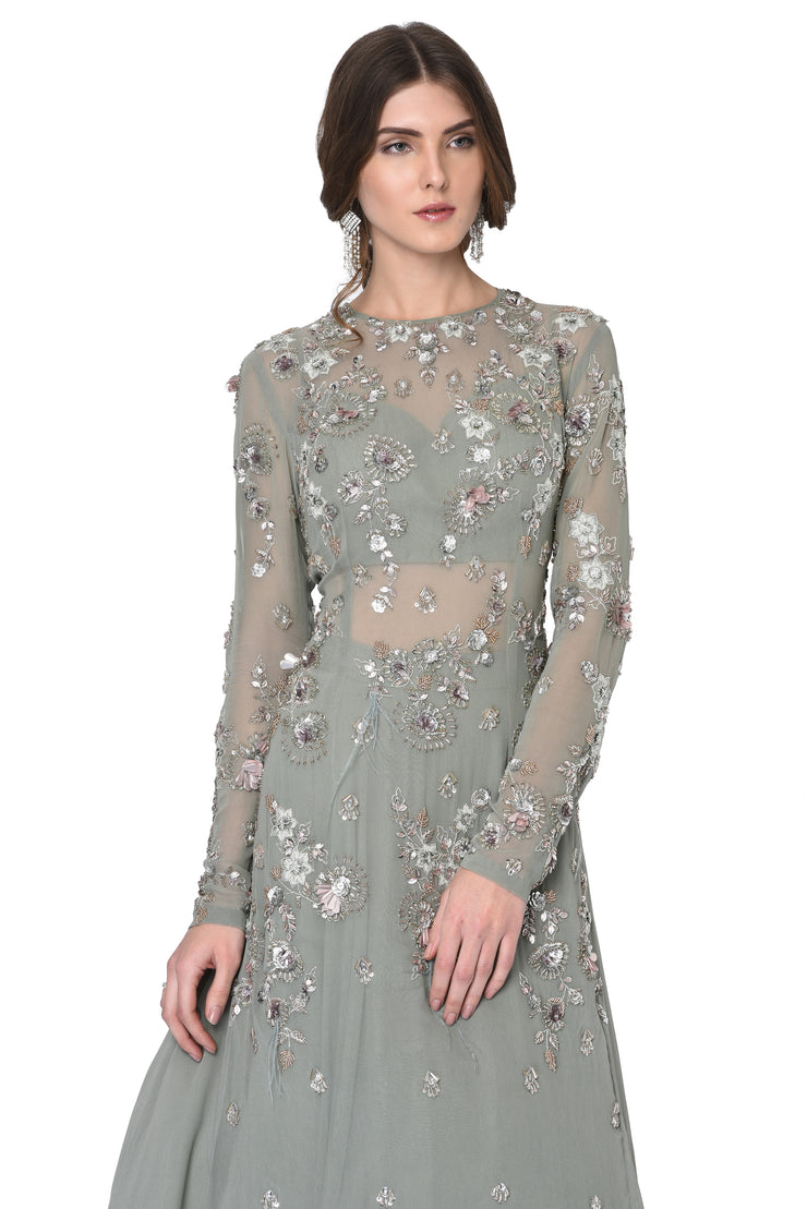 Grey Long Feathers Kurti with Heavy Skirt and Dupatta