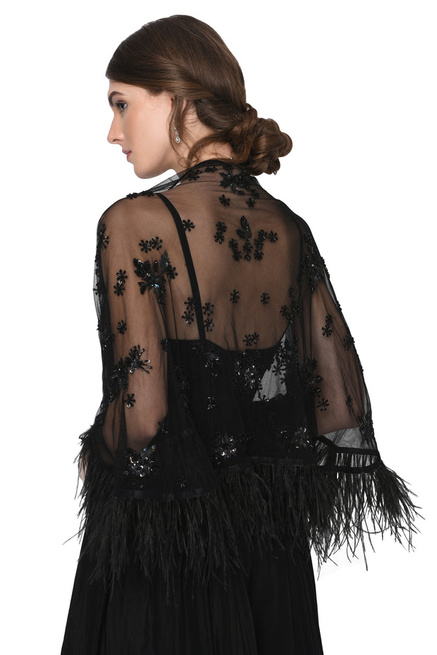 Black Jumpsuit with Feather cape