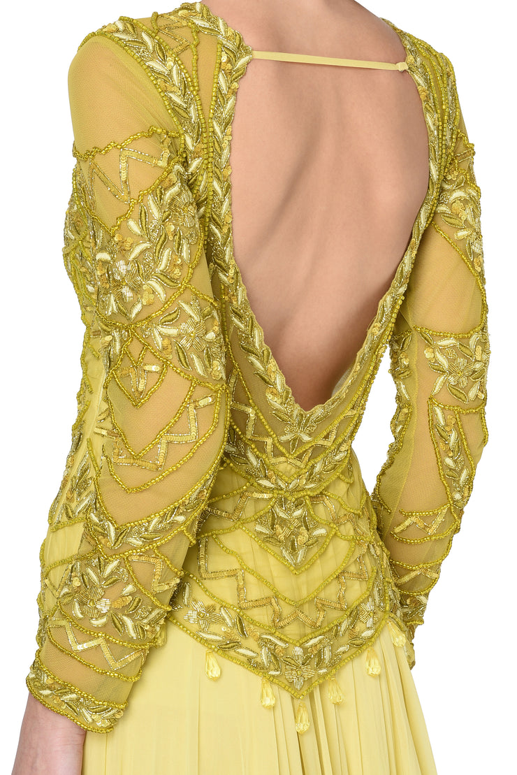 Olive & Yellow Sequin Embroidered Anarkali