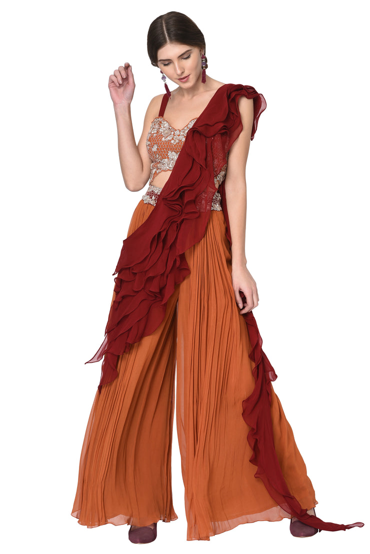 Rust Top & Plazzo Pant with Maroon Ruffle Drape
