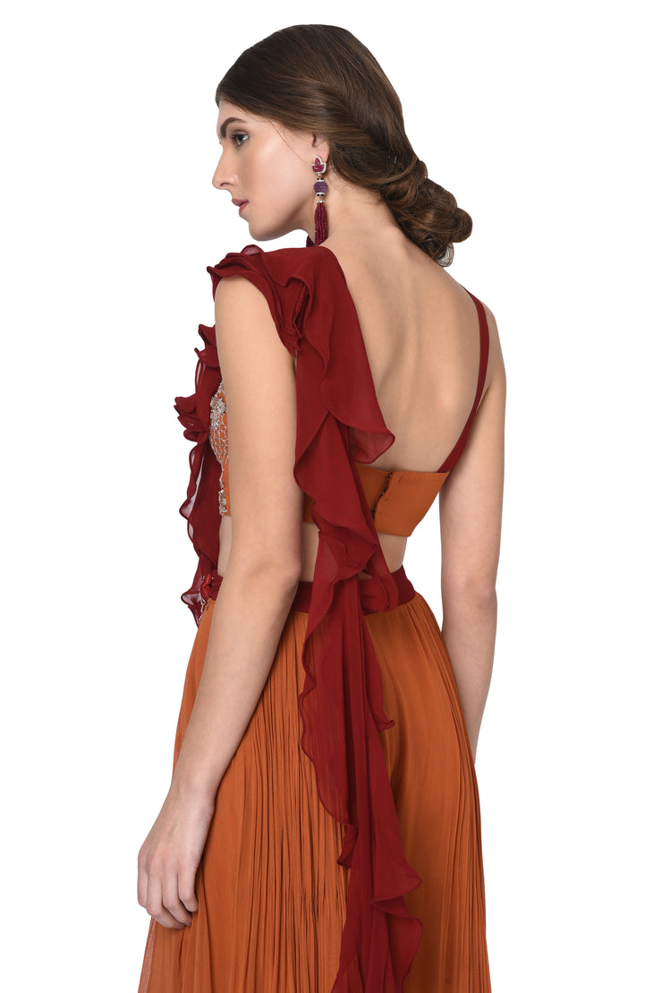 Rust Top & Plazzo Pant with Maroon Ruffle Drape