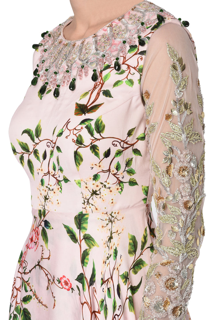 Powder Pink printed Peplum Top with Skirt