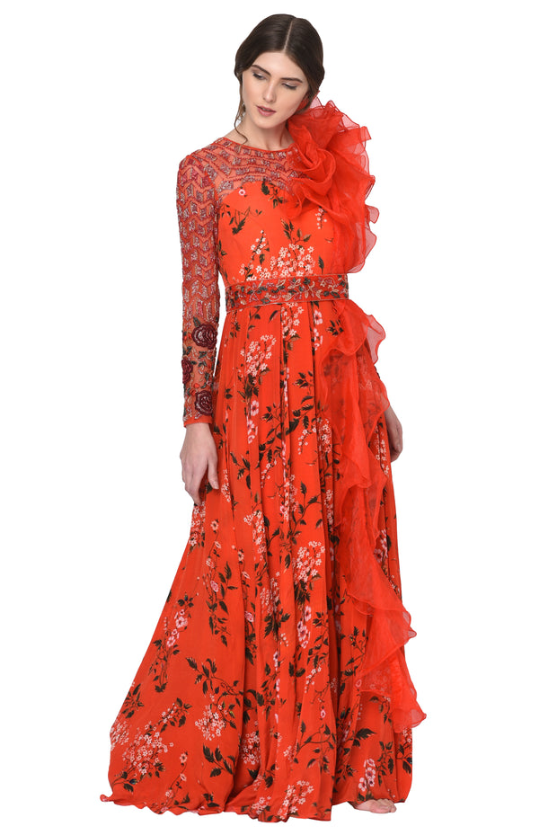 Red Floral Printed Jumpsuit with Organza Ruffle Drape