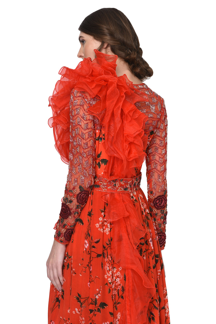 Red Floral Printed Jumpsuit with Organza Ruffle Drape