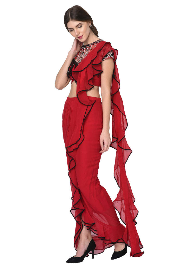 Red Ruffle Saree Cherry Red Ruffle Saree – Mani Bhatia Designs