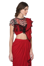 Cherry Red Ruffle Saree
