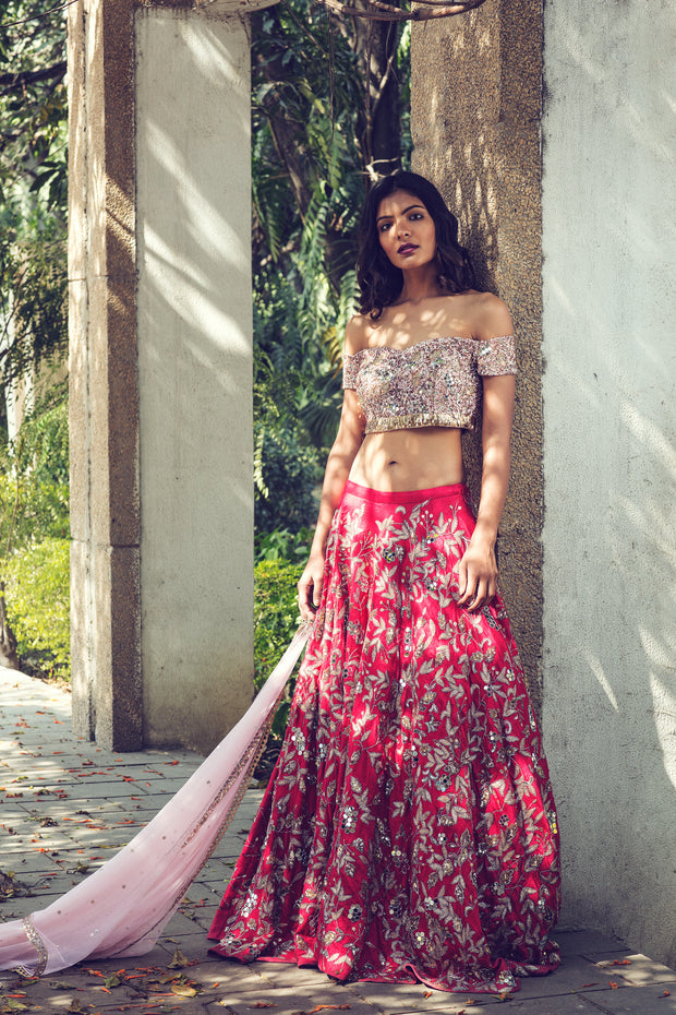 Pink and Red Embroidered Lehenga Set