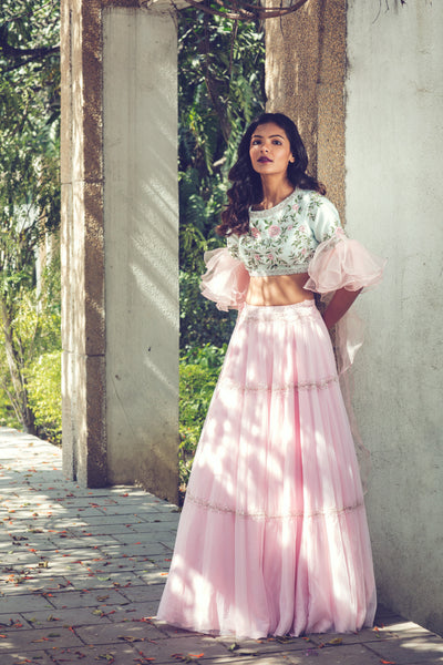 Aqua Blue Ruffled Blouse with Pink Lehenga Set