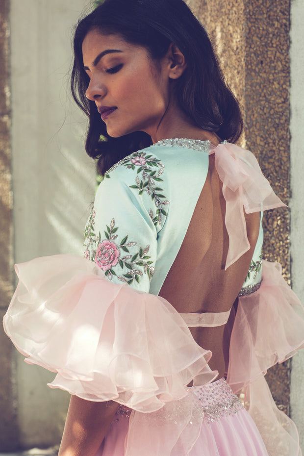 Aqua Blue Ruffled Blouse with Pink Lehenga Set