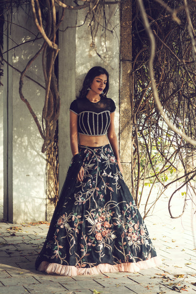 Black Resham & Cutdana Embroidered Lehenga Set
