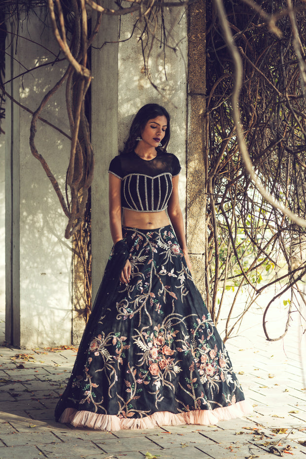 Black Resham & Cutdana Embroidered Lehenga Set