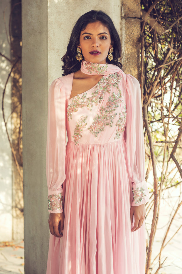 Pink Rouched Anarkali With Drape